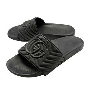 Gucci Womens Black Matelasse Quilted GG Rubber Slides Sandals Logo Size 37 / 7